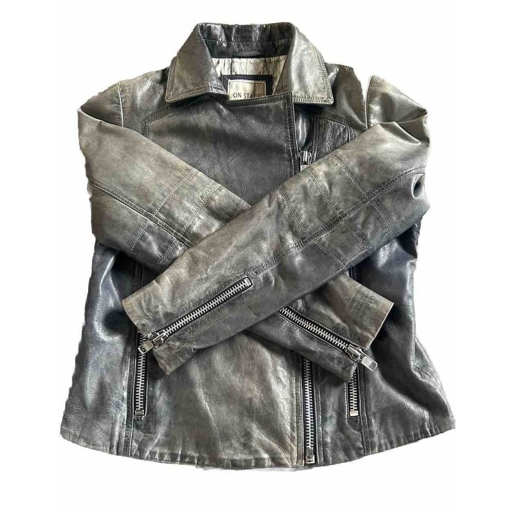 Y2K Vintage On Stage Denmark Leather  Jacket Moto Zip Fitted Biker Style Rare